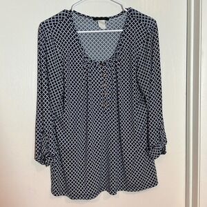 Jennie & Marlis Navy Blue Geometric Lattice 3/4 Sleeve Henley Blouse Top